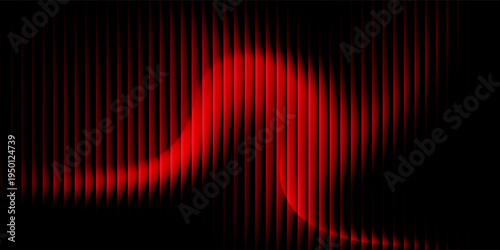 Abstract black background with glowing vertical red ribbed lines, creating a fractal glass effect, digital noise, or glitch. Editable vector illustration.