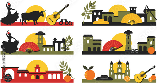 Spain culture travel banners with flamenco dancer bull guitar architecture olives and sunset Spanish tradition flat vector illustration set
