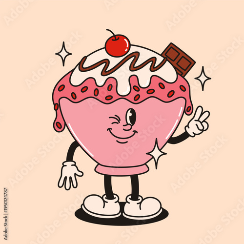 Groovy ice cream character. A dessert mascot in the old animation style.
