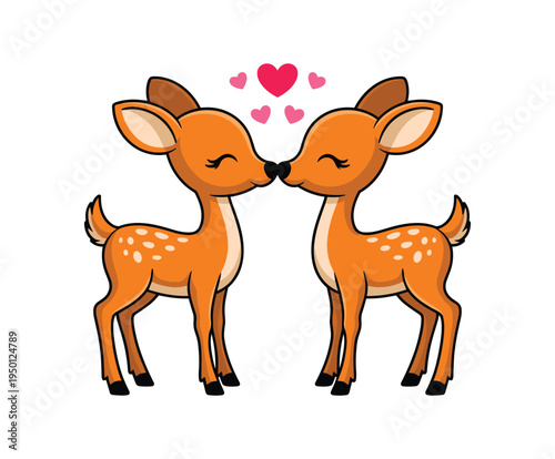 Cute deer kissing with hearts fawn vector.