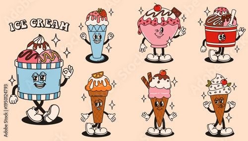 A set of cartoon groovy ice cream characters. Funny ice cream cones and cups.