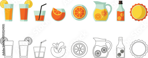 Orange juice drinks collection with glasses bottles pitcher citrus beverage flat vector icon illustration set