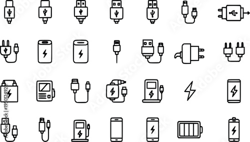 Phone charger and device charging icon bundle with powerbank and battery symbols vector