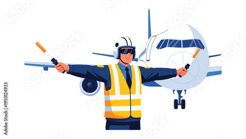 Guiding the Skies: An airport worker, essential to aviation safety, signals with precision, directing a plane to its designated spot. A demonstration of expertise and vital support for air travel.