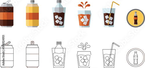 Soft drink beverages with bottles cans and iced soda glasses refreshment drink icon collection flat vector illustration set