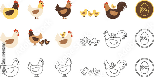 Chicken hen rooster and chicks farm poultry animals cartoon character collection flat vector illustration set