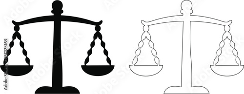 Black and white illustration of a set of scales and a balance scale