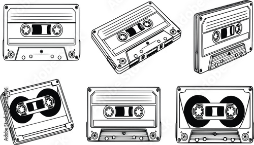 Audio cassette tape vector set with multiple perspectives vintage music recording illustration
