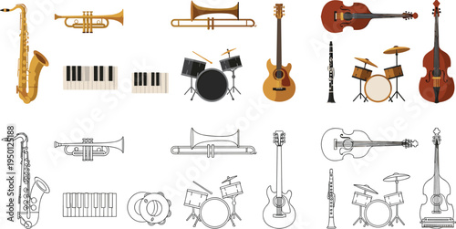 Musical instruments collection including saxophone trumpet trombone piano drums guitar violin clarinet orchestra flat vector illustration set
