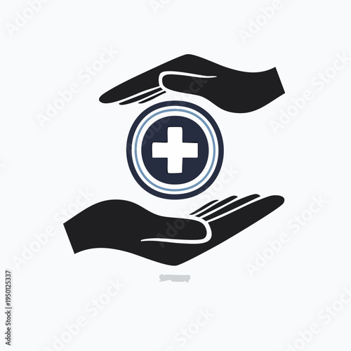 Illustration of healthcare protection with hands cupping a medical symbol of a cross within a circle