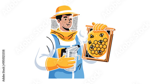 Beekeeper's Harvest: An expert beekeeper, safeguarded in protective gear, tends to the hive, revealing the intricate honeycomb brimming with golden honey.