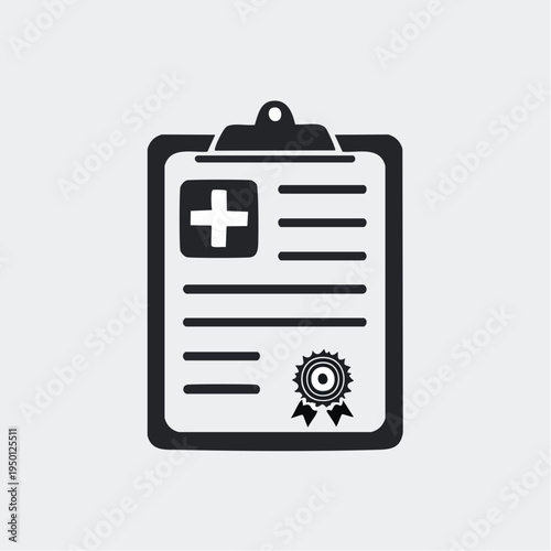 Medical Document Icon with Cross and Seal of Approval, Symbolizing Healthcare and Certification