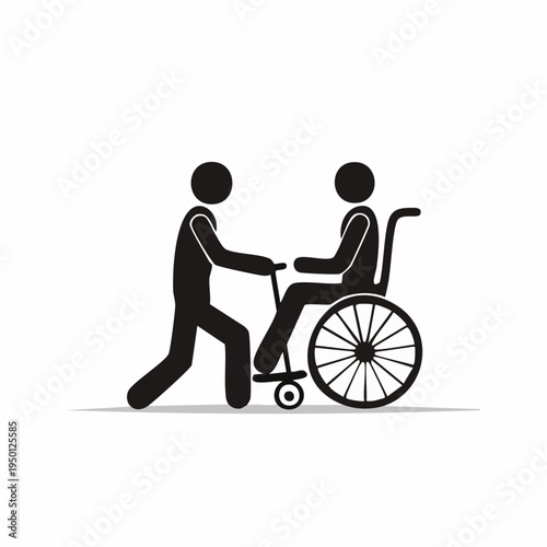 Stick figure icon showing a person pushing a wheelchair, symbolizing dedicated care, support, and essential assistance for individuals with disabilities and mobility needs