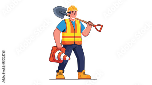 Construction Worker Ready for Action: A skilled construction worker stands prepared for the day's tasks, equipped with a shovel and a safety cone, exuding dedication and professionalism.