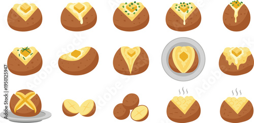 Baked potato food collection with butter cheese and toppings roasted potatoes flat style cooking ingredient vector illustration set