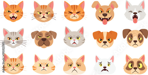 Angry cat and dog face emoji collection with different pet expressions cartoon animal avatar flat vector icon set