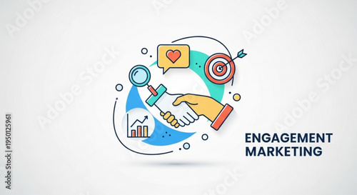 Engagement marketing concept with handshake target and magnifying glass on white background