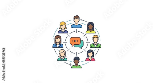 Diverse group of people communicating in a circle with speech bubbles conveying teamwork and social interaction