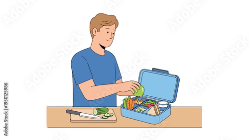 A man in a blue shirt packing a lunchbox with food on a table against a white background.