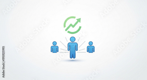 Three blue human icons with lines connecting to central figure green arrow symbol above representing teamwork and growth