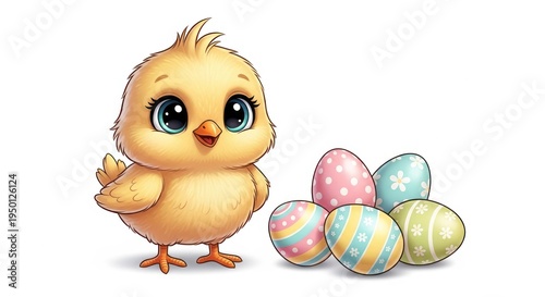 Cute Cartoon Chick Standing Next To Colorful Easter Eggs For Spring Holiday Concepts Isolated on transparent white background