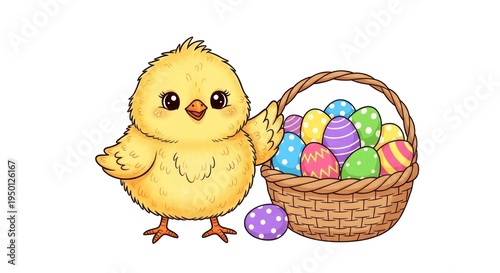 Cute Yellow Chick Standing Next To Easter Egg Basket For Spring Holiday Concepts Isolated on transparent white background