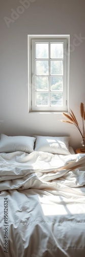 Soft light washes over minimalist bedding, an ethereal haven of tranquil rest , tranquil, calm