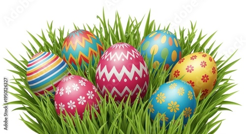 Colorful Easter Eggs In Green Grass For Holiday Concepts And Springtime Celebrations Isolated on transparent white background
