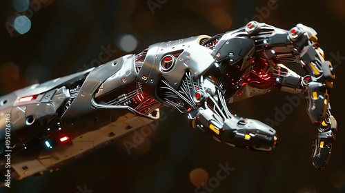Intricate robotic arm, futuristic cybernetic hand, detailed 3D render