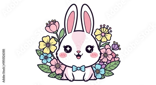 Cute Cartoon Bunny Surrounded By Colorful Spring Flowers Wearing Blue Bowtie For Easter Greeting Cards Isolated on transparent white background