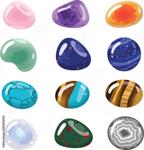 Colorful Gemstones and Crystal Mineral Collection with Polished Decorative Stones Including Amethyst, Agate, Turquoise, Jasper, and Quartz Isolated for Jewelry and Geological Design