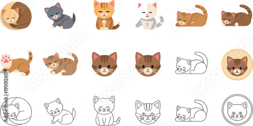 Cute cartoon cat icon collection with kittens sleeping sitting playing different poses adorable pet flat vector illustration set