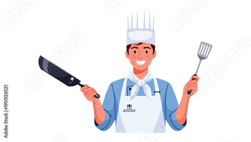 Chef's Culinary Expertise: A cheerful chef, adorned in a classic toque and apron, stands ready in the kitchen, brandishing a pan and spatula