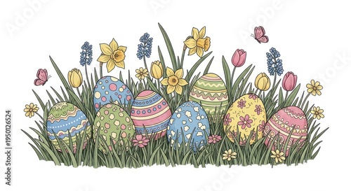 Colorful Easter Eggs Hiding In Grass With Spring Flowers For Holiday Concepts Isolated on transparent white background