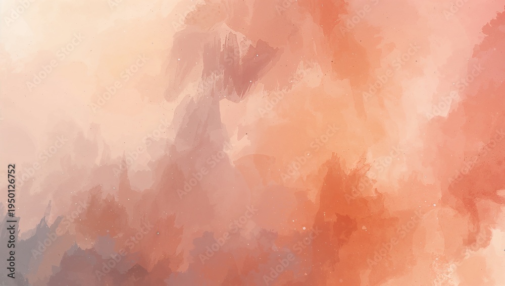 Fototapeta premium Showing abstract watercolor cloud blending peach coral washes on pictorial plane, with speckles