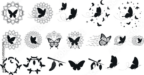 Butterfly silhouette ornaments with mandala frames celestial moon stars wreaths and decorative flight paths elegant vector illustration set