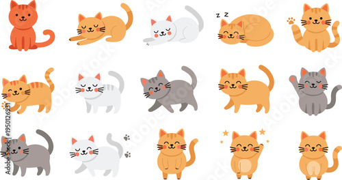Cute cartoon cat characters set with different poses sleeping sitting walking smiling playful kittens flat vector illustration collection