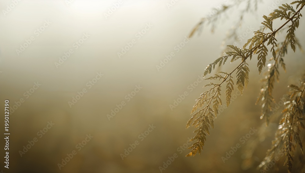 Fototapeta premium Drooping stem with pinnate leaves catching dawn light in meadow, dew droplets and bokeh, copy space