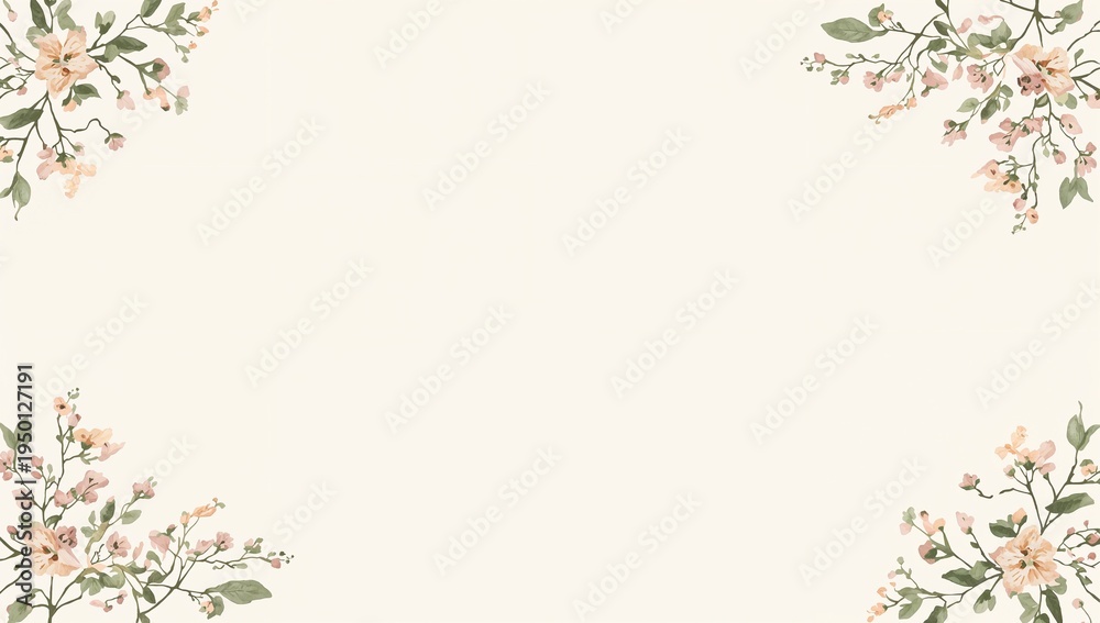 Fototapeta premium Displaying central cream paper space for text at center, with watercolor peach blossom corners