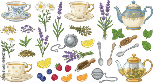 Herbal Tea and Teaware Illustration Collection with Teapot, Teacups, Chamomile, Lavender, Lemon, Mint, Berries, and Tea Infuser for Menu Design and Packaging