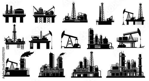 Silhouette Oil and Gas Industry Structures - Platforms, Rigs, and Refineries.