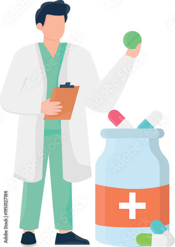 A doctor holds a pill jar in one hand and a medicine bottle in the other, discussing medication options.