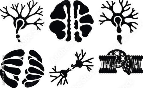 Brain Neuron Synapse Cell Membrane Icons: Science and Biology Concepts