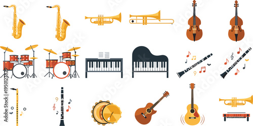 Flat musical instruments icon set including saxophone trumpet violin guitar piano drums clarinet flute trombone orchestra music collection vector illustration