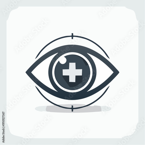 Minimalist and professional eye icon featuring a medical cross, symbolizing comprehensive vision health, optical care, ophthalmology services, and sight protection