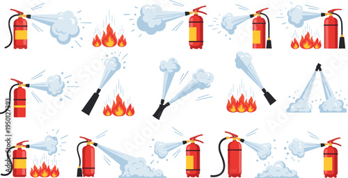 Fire Extinguisher in Action Illustrations with Flames, Smoke, and Fire Control for Safety and Emergency Procedures