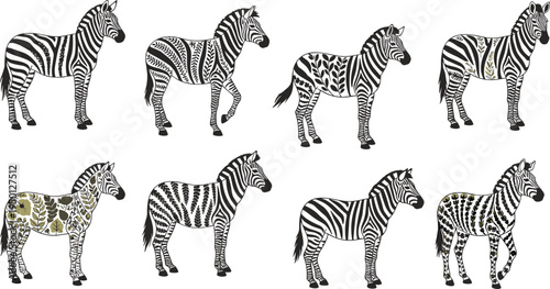 Stylish Cartoon Zebra with Intricate Pattern Designs for Animal, Fashion, and Decorative Illustration Projects