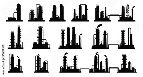 Silhouetted Industrial Plant Illustrations - A Collection of Factory Designs.