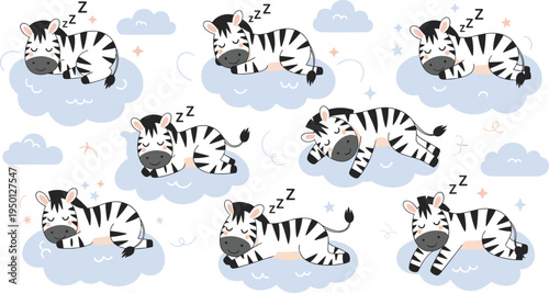 Cute Cartoon Sleeping Zebra on Clouds with Zzz and Dreamy Designs for Rest, Relaxation, and Sleep-themed Illustrations