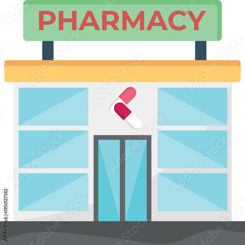 Pharmacy building with a prominent sign displaying the word "Pharmacy" on the front.